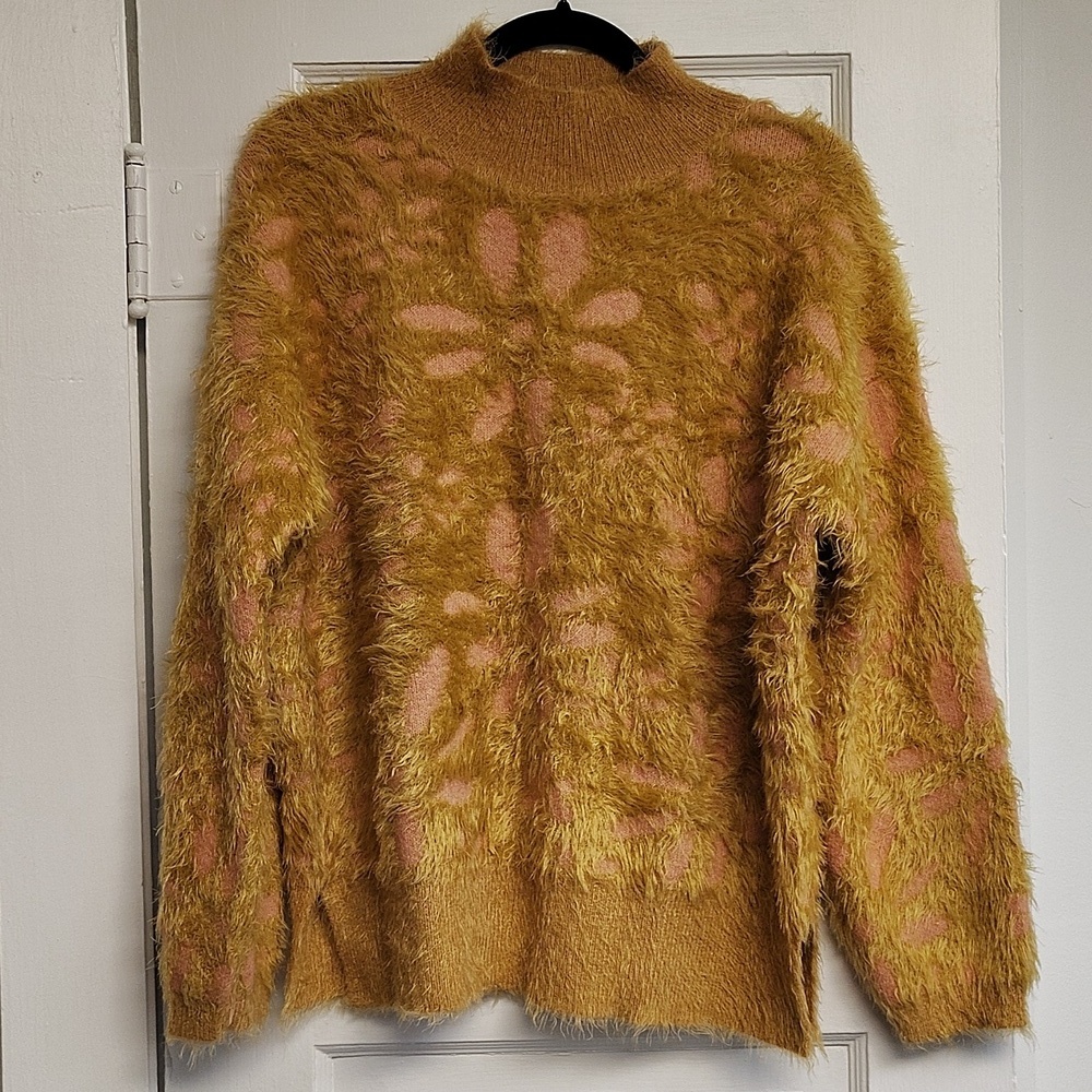 Voy Floral and Stripe Mix Fuzzy Sweater Size Large Pink Brown Mock Neck